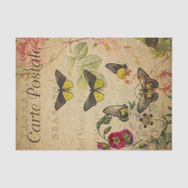 Ephemera French Postcard Butterflies Decoupage Tissue Paper (Front)