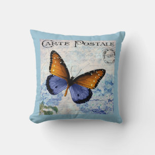 Ephemera French Postcard Butterfly Blue Floral Cushion
