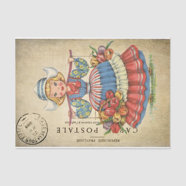 Ephemera French Postcard Cute Dutch girl Decoupage Tissue Paper (Front)