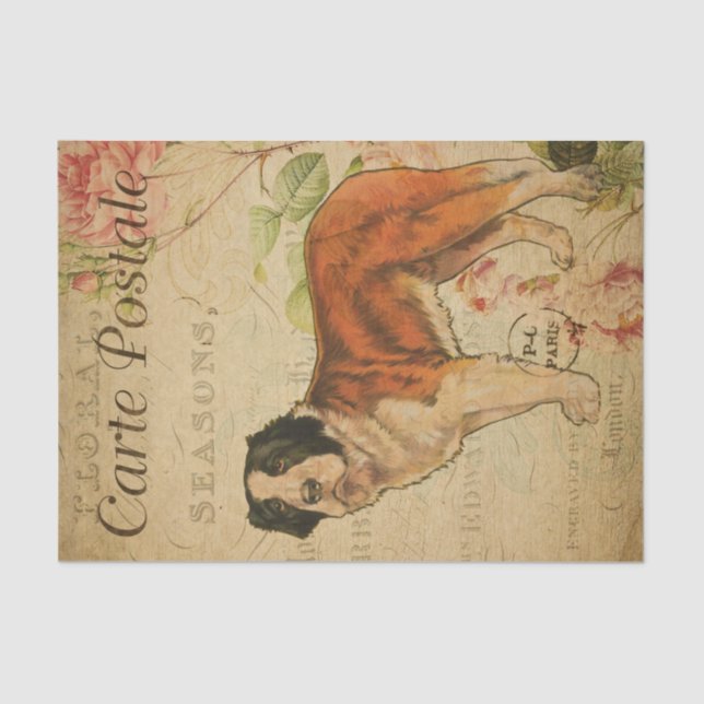 Ephemera French Postcard Dog Floral Decoupage Tissue Paper (Front)