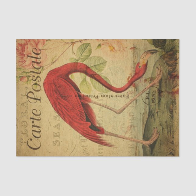 Ephemera French Postcard Flamingo Floral Decoupage Tissue Paper (Front)