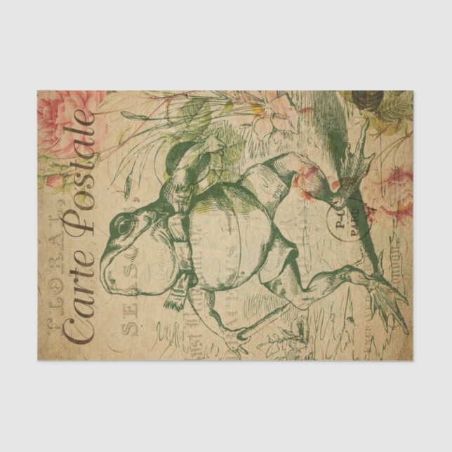 Ephemera French Postcard Frog Floral Decoupage Tissue Paper (Front)