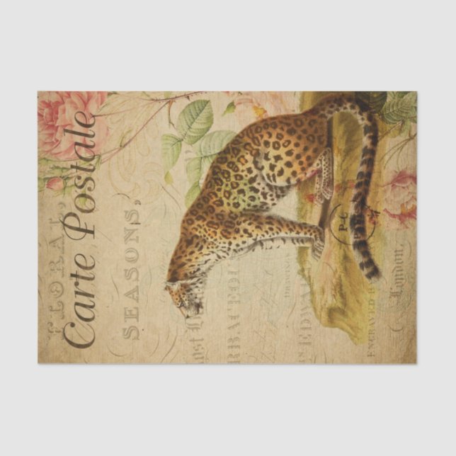 Ephemera French Postcard Leopard Decoupage  Tissue Paper (Front)