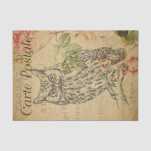 Ephemera French Postcard Line Art Owl Decoupage Tissue Paper