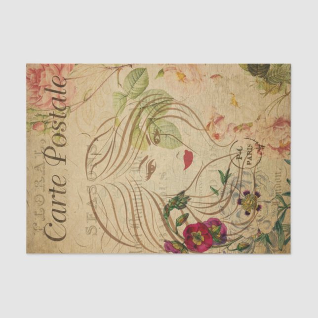 Ephemera French Postcard Line Art Woman Decoupage Tissue Paper (Front)