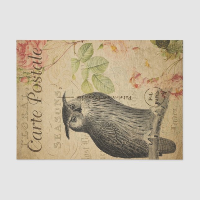 Ephemera French Postcard Owl Pink Roses Decoupage Tissue Paper (Front)