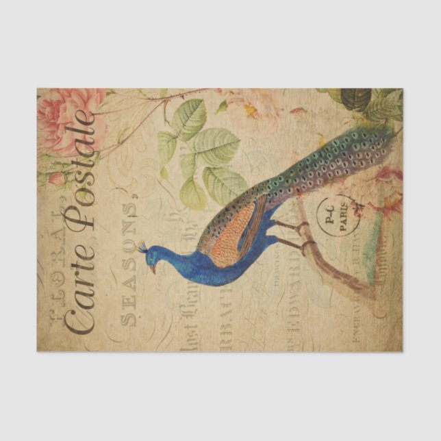 Ephemera French Postcard Peacock Decoupage Tissue Paper (Front)