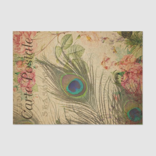 Ephemera French Postcard Peacock Feather Decoupage Tissue Paper (Front)