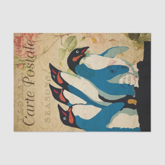 Ephemera French Postcard Penguins Floral Decoupage Tissue Paper (Front)