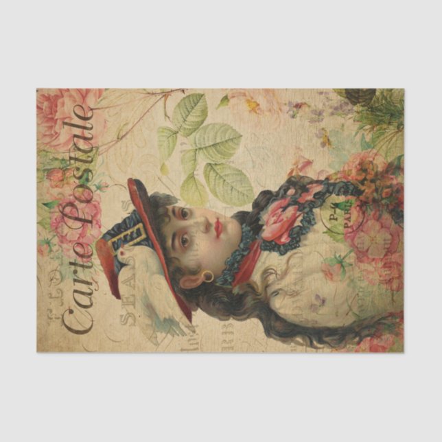 Ephemera French Postcard Women Floral Decoupage Tissue Paper (Front)