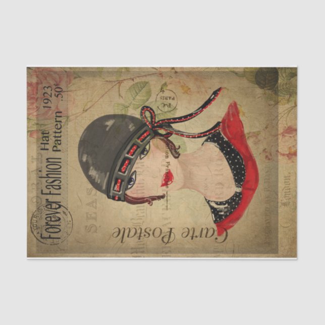 Ephemera French Postcard  Women with Hat Decoupage Tissue Paper (Front)
