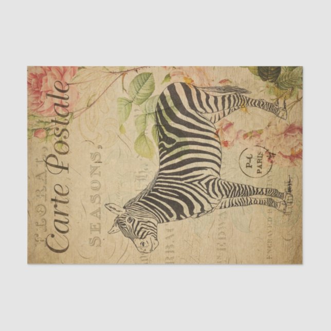 Ephemera French Postcard Zebra Pink Rose Decoupage Tissue Paper (Front)