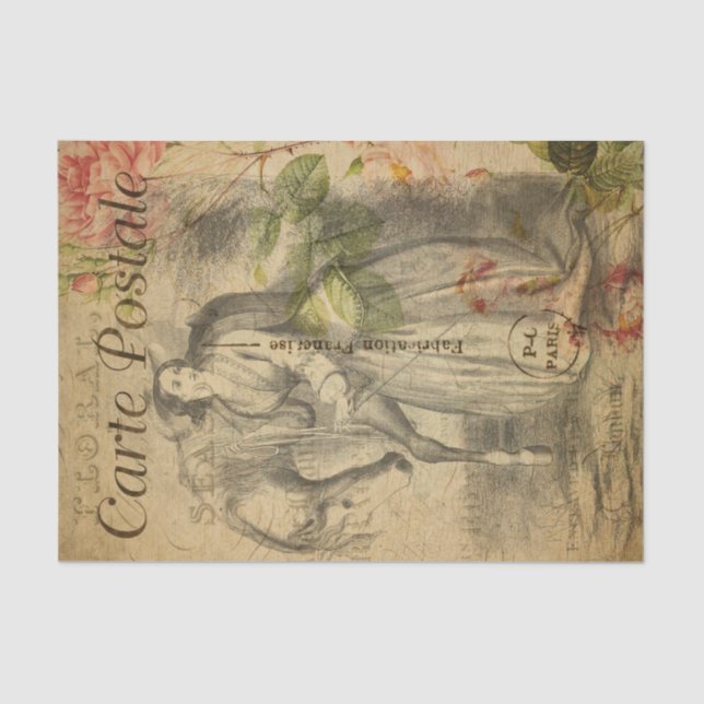 Ephemera French Sketch of Lady And Horse Decoupage Tissue Paper (Front)