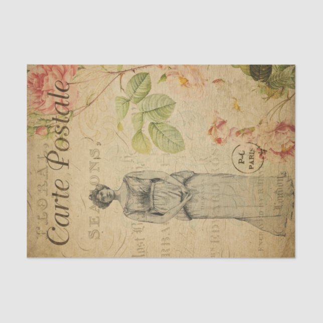 Ephemera French Woman Pink Roses Floral Decoupage Tissue Paper (Front)