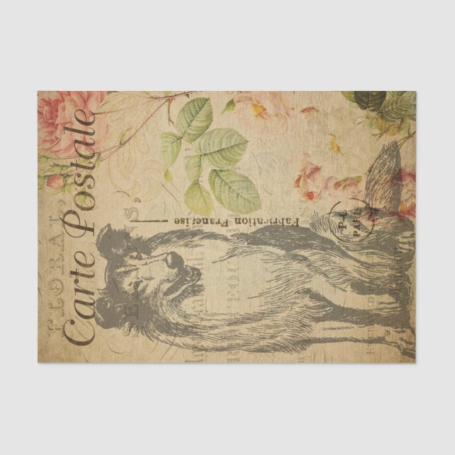 Ephemera FrenchPostcard Rough Collie Dog Decoupage Tissue Paper (Front)