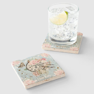 Ephemera Vintage background French Decorative blue Stone Coaster