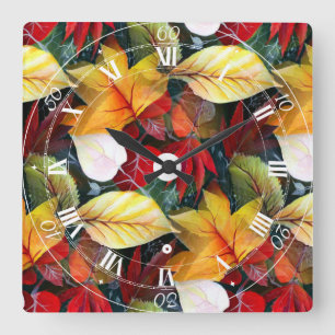 Ephemeral Autumn Foliage in Watercolor Vivid Bold Square Wall Clock