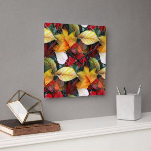 Ephemeral Autumn Foliage in Watercolor Vivid Bold  Square Wall Clock