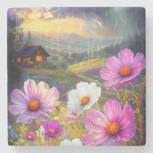 Ephemeral Bloom: A Symphony of Rain and Light Stone Coaster