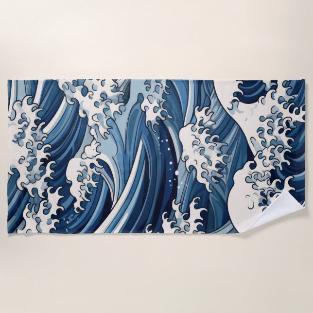 Ephemeral Crests: Hokusai Waves Reimagined Beach Towel (Front)