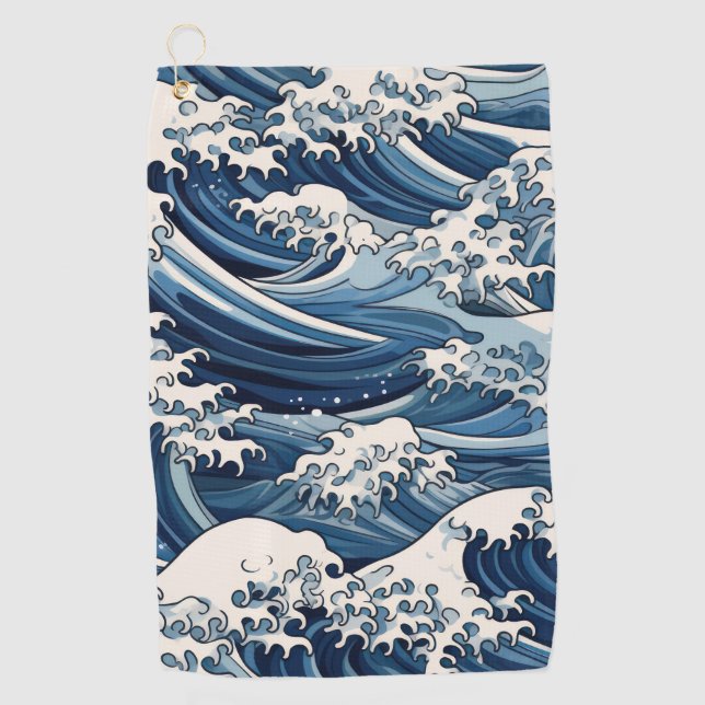 Ephemeral Crests: Hokusai Waves Reimagined Golf Towel (Front)