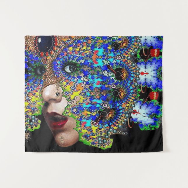 EPHEMERAL/ WOMAN WITH COLORFUL FRACTAL MASK TAPESTRY (Front (Horizontal))