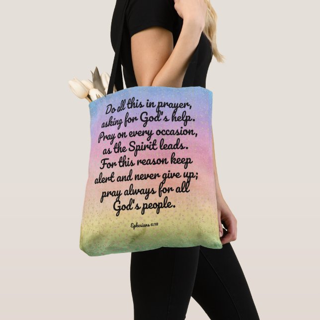 Ephesians 6:18 rainbow Bible Verse Prayer Tote Bag (Close Up)