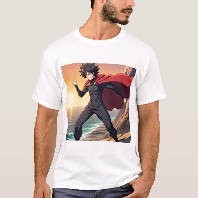 Epic Anime Hero at Sunset – Powerful Warrior with  T-Shirt (Front)