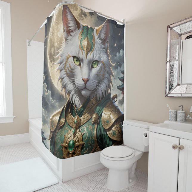 Epic Armoured Cat Warrior Shower Curtain (In Situ)