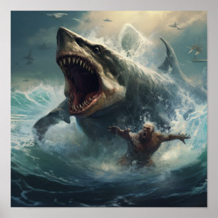 Epic Battle: Megalodon vs T-Rex Poster - Unleash P