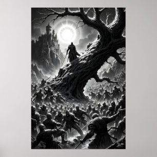 Epic battle scene with mediaeval warriors under poster