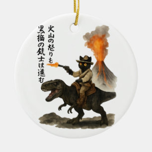 Epic Black Cat Cowboy Riding Dinosaur with Volcano Ceramic Tree Decoration