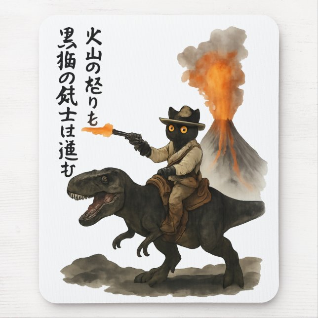 Epic Black Cat Cowboy Riding Dinosaur with Volcano Mouse Mat (Front)