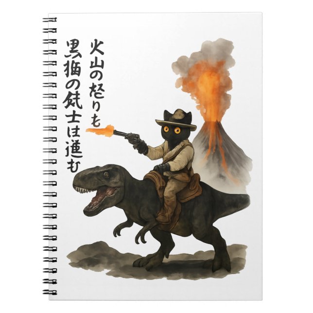 Epic Black Cat Cowboy Riding Dinosaur with Volcano Notebook (Front)