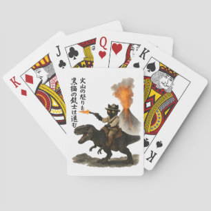 Epic Black Cat Cowboy Riding Dinosaur with Volcano Playing Cards