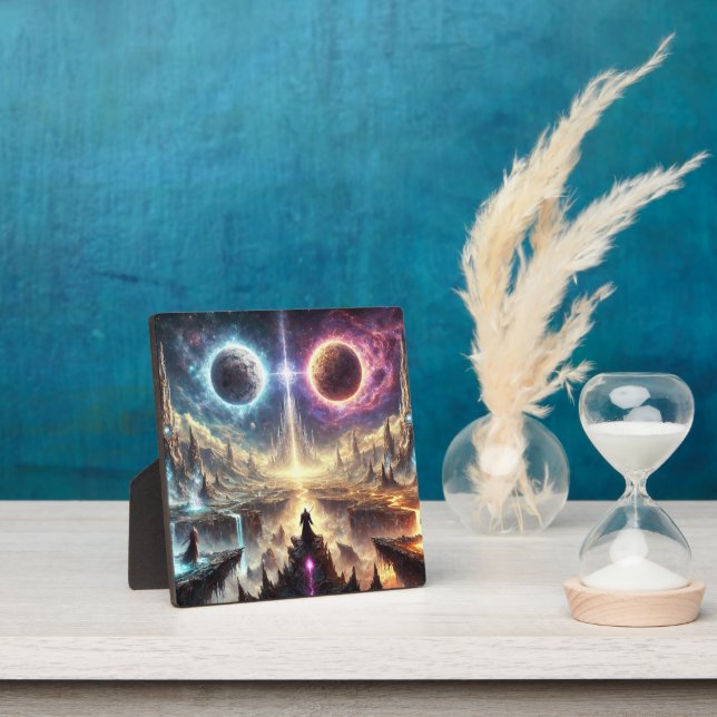 Epic celestial battlefield illustration round cloc plaque (Insitu)