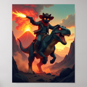 Epic Cowboy Cat Riding Dinosaur   Fantasy Sci-Fi Poster