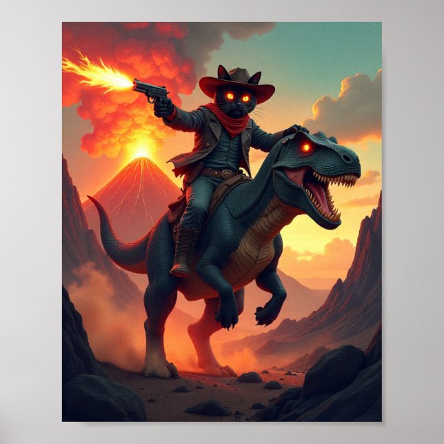 Epic Cowboy Cat Riding Dinosaur | Fantasy Sci-Fi Poster (Front)