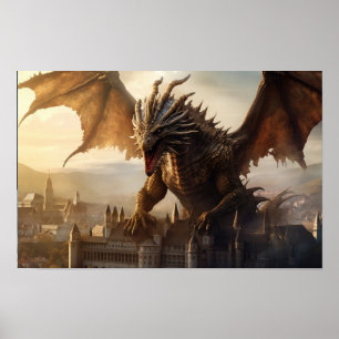 Epic Dragon Over Mediaeval City Poster