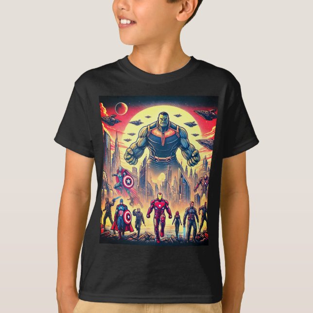 "Epic Heroes vs. Alien Invaders Battle T-Shirt" T-Shirt (Front)