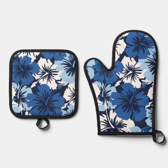 Epic Hibiscus Hawaiian Floral Aloha Blues Oven Mitt & Pot Holder Set (Front)