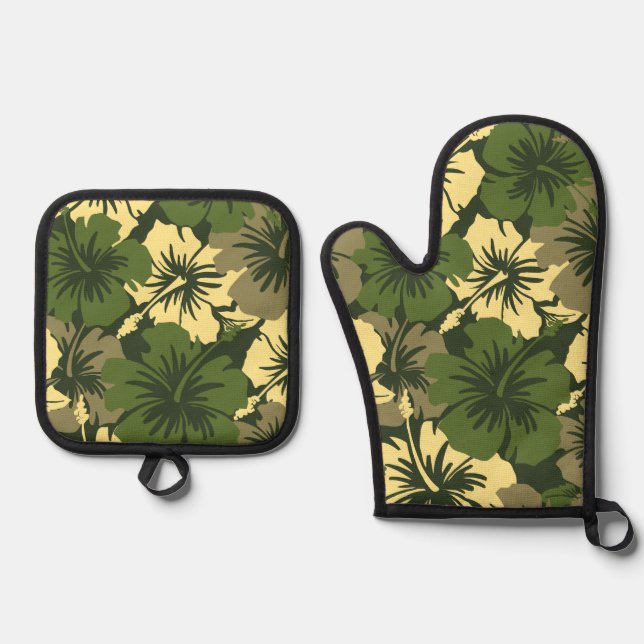 Epic Hibiscus Hawaiian Floral Aloha Olive Oven Mitt & Pot Holder Set (Front)