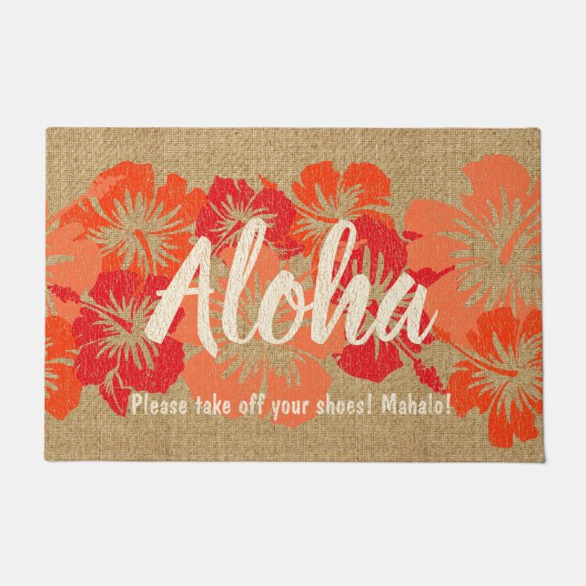 Epic Hibiscus Hawaiian Floral Aloha Orange Doormat (Front)