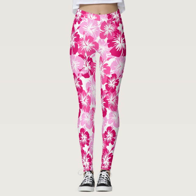 Epic Hibiscus Hawaiian Tropical Floral Pink Leggings (Front)