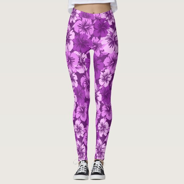 Epic Hibiscus Hawaiian Tropical Floral Violet Leggings (Front)
