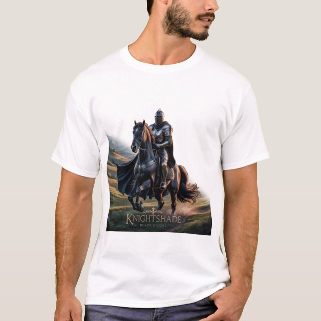 Epic Knight on Black Horse -Mediaeval Hero Fantasy T-Shirt (Front)