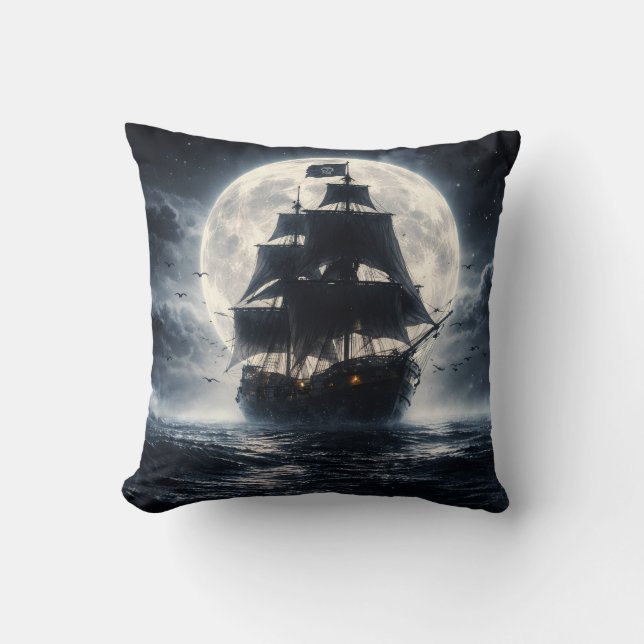 Epic Pirate Ship Moon Throw Pillow – Dark Ocean Pi (Front)