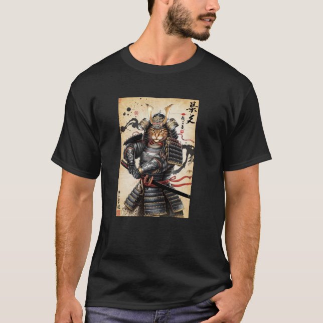 Epic Samurai Cat Warrior Ink Art T-Shirt (Front)