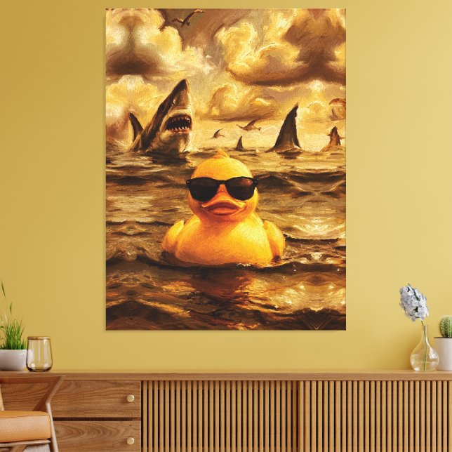 Epic Shark Attack with Brave Rubber Duck Canvas Print (Insitu(LivingRoom))