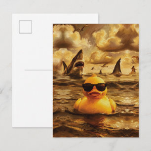 Epic Shark Attack with Brave Rubber Duck Postcard